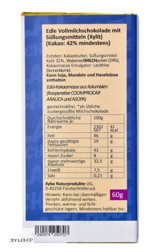Xylit Schokolade Milch mit Birkenzucker - Xylipur 42% Kakao, 60g