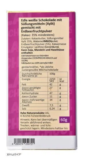 Xylit-Schokolade Erdbeer wei mit Birkenzucker von Xylipur 35% Kakao, 60g