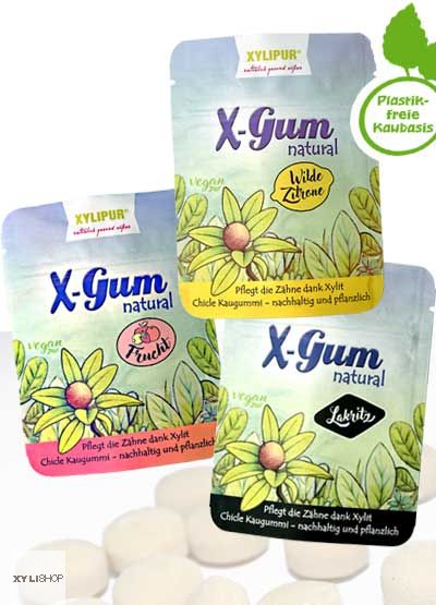Set of 3 XYLIPUR® X-Gum dental care chewing gum Fruit, Lemon, Liquorice 120g
