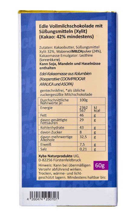 Xylit Schokolade Milch mit Birkenzucker - Xylipur 42% Kakao, 60g